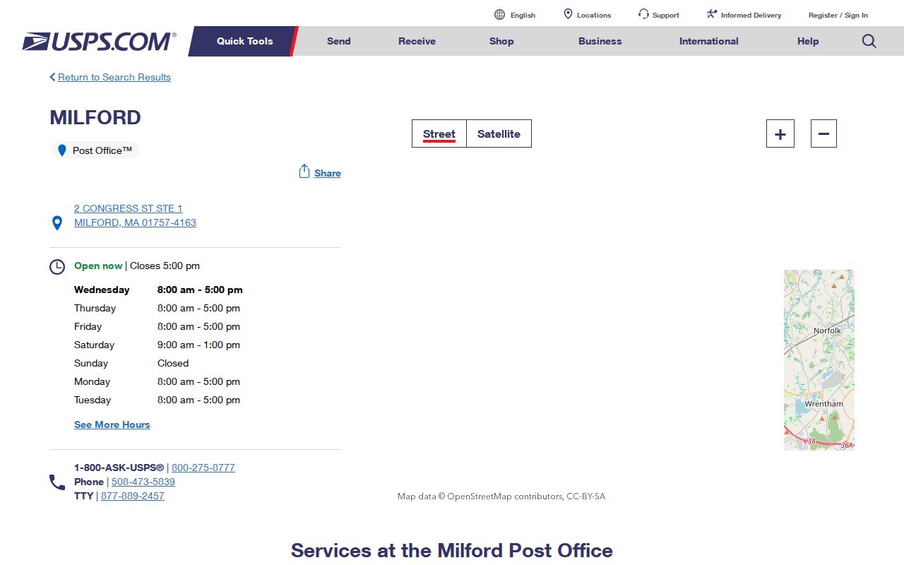 Milford ZIP code directory USPS Milford Post Office result